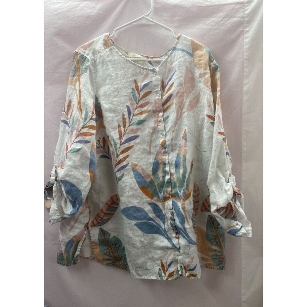 Cynthia Rowley Women's 2X White Button Up Roll Tap Sleeve Tunic 100% Linen